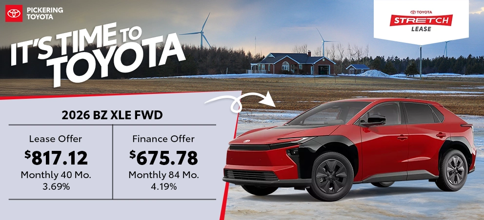 It's Time to Toyota 2026 BZ XLE FWD Red Deals @ Pickering Toyota